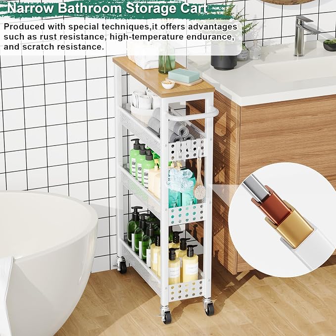 Laundry Room Slim Rolling Cart with Wheels for Between Washer and Dryer Gap | Utility Narrow Laundry Room Organization and Storage Shelves, White Skinny Shelf with Table Top,Detergent Organizer Cabinet - Image 5
