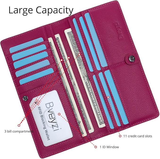 Bveyzi Ultra Slim Thin Leather RFID Blocking Credit Card Holder Bifold Clutch Wallets for Women - Image 3