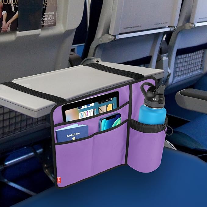 Airplane Seat Back Organizer & Storage, Airplane Tray Table Cover for Personal Items, Airline Seat Hanging Pockets Media Pouch,Reusable Travel Essentials,Fits Tablets,Cell Phone,Water Bottle (Purple) - Image 7