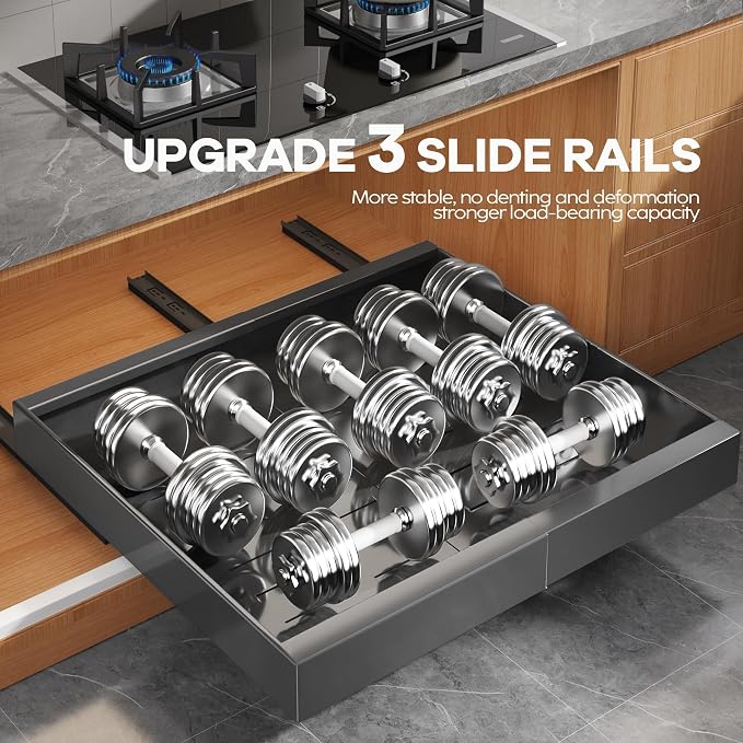 Seinloes 2 Pack Expandable Pull Out Cabinet Organizer 21"Deep With Raising Pad for Framed Cabinets,Upgrade 3 Slide Rails Slide Out Drawers,Roll Out Shelves Adhesive,Adjustable Width 15.15"-26.3" Black - Image 5