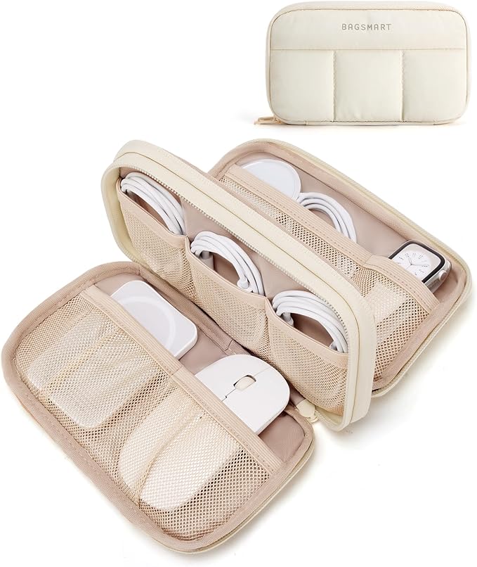 BAGSMART Electronics Organizer Travel Case for Cords Chargers Phones, Beige | Puffy Padded, Travel Essentials, Cord organizer bag for Cables, Compact Tech Accessories Pouch by BAGSMART