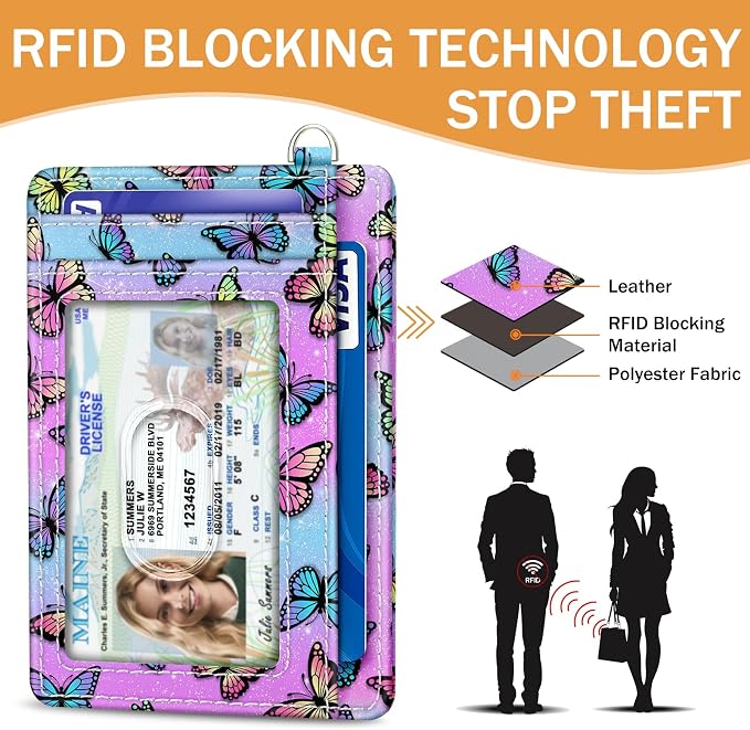 Yonlevres Butterfly Credit Card Holder Slim RFID Wallet Women Small Travel | Front Pocket, Handy, RFID Blocking, Woman Girls Ladies Gifts, D-ring for Keychain,Thin Mini Card Case, ID Window, PU Leather - Image 5