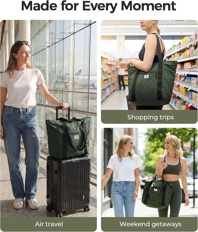 Foldable Travel Bag, 26L Duffle Bag for Travel, Expandable Second Carry-On Bag for Travel & Shopping, Water-Resistant Personal Item Bag, Dark Olive - Image 8