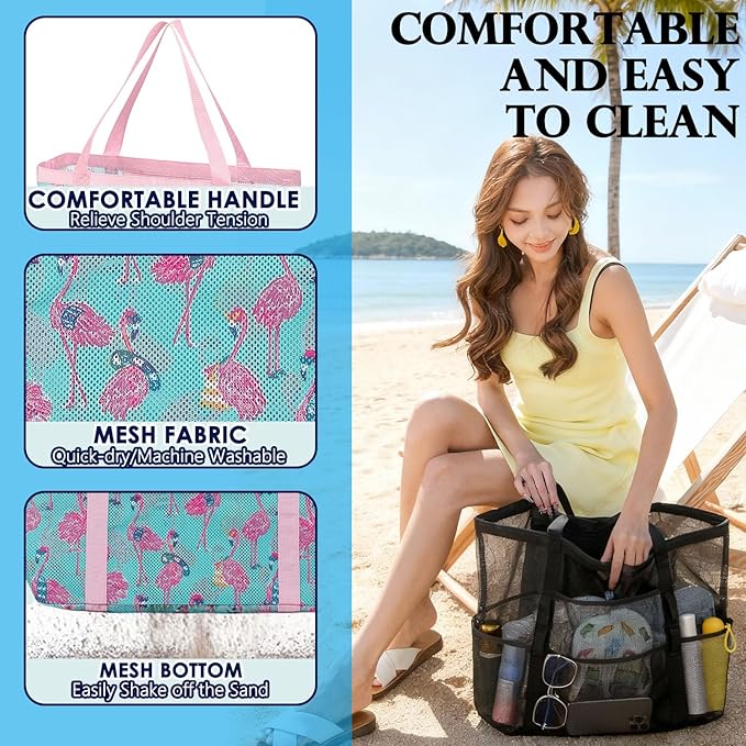 Fammart Mesh Beach Bag for Women, Large Beach Toy Pool Bag with Zipper Pocket, SandProof Cruise Essentials 2026 Family Travel - Image 6