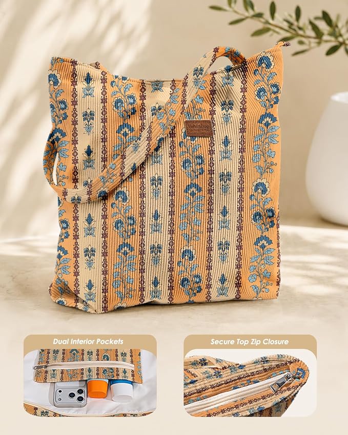 Aesthetic Corduroy Tote Bag with Zipper for Women | Reusable, Fits 14 Inch Laptop, Inner Pocket, double-sided print, Lightweight - Image 4