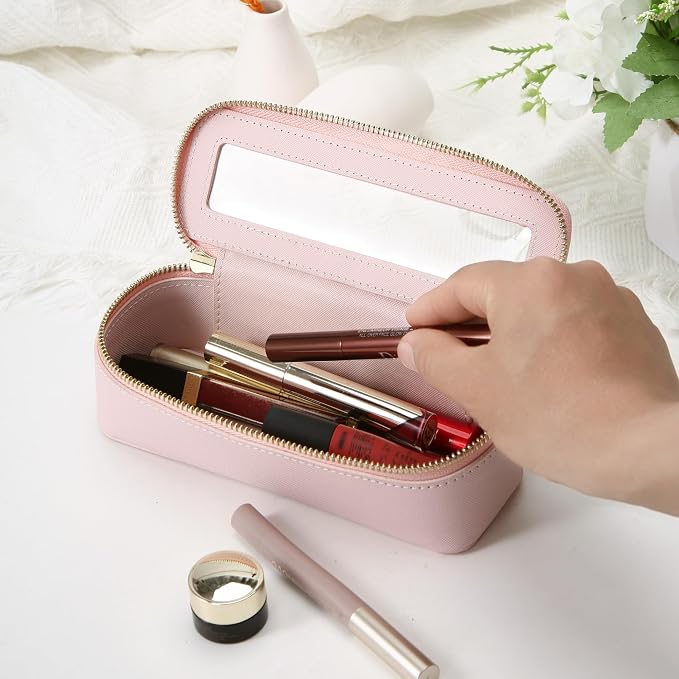 Aveniee Clear Makeup Brush Bag, Slim Cosmetic Brush Holder, small Toiletry Bag Mini Travel Case for Women, Thin Make up Bags with Dual Zipper, Cute Travel Essentials Organizer,Pink - Image 2