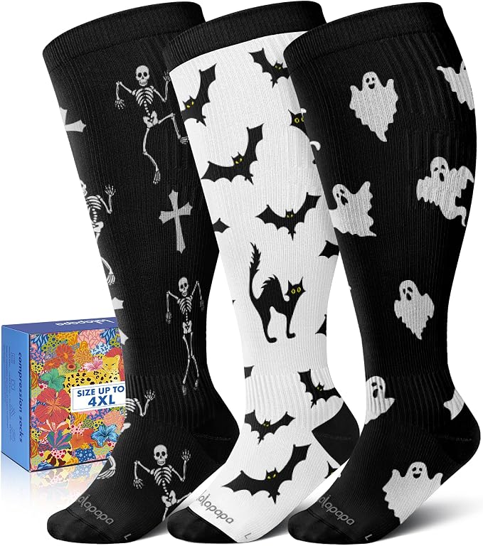 3-Pair Wide Calf Compression Socks for Women | 20-30mmHg Graduated Support, Easy On & Off, Knee High Length, Ankle Support, Travel Nurse Daily Wear, Cute Patterned by Lalapapa