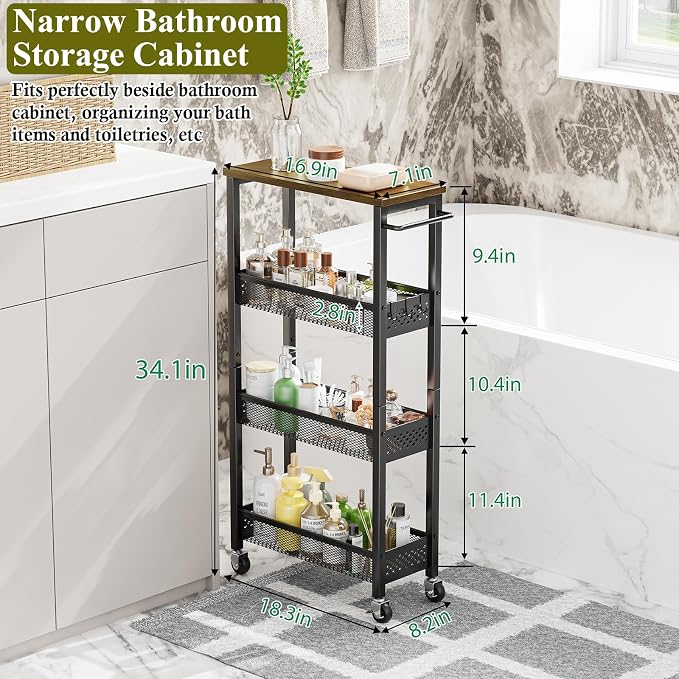 OKZEST 4-Tier Slim Rolling Storage Cart for Kitchen, Laundry Room, Bathroom | Upgraded metal hub casters, Narrow utility cart for small space/gaps, Premium wood top & metal mesh shelf, with handle & hook - Image 5