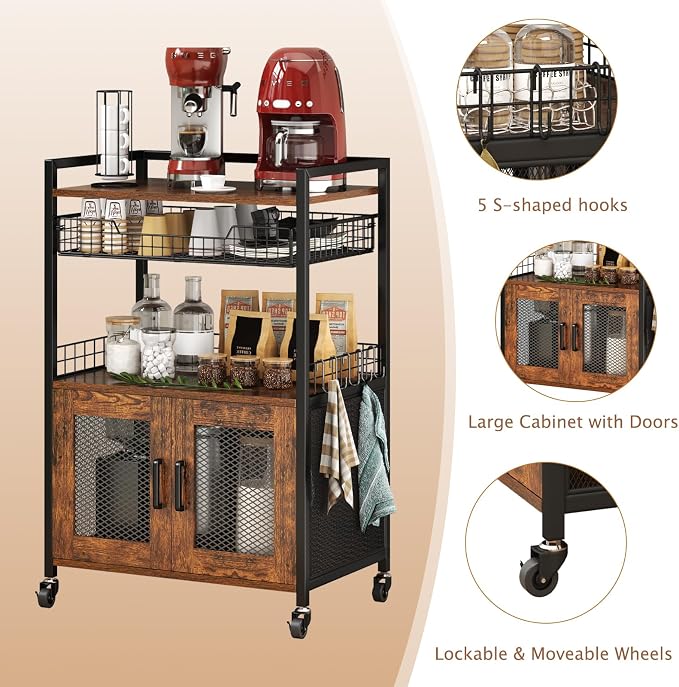 Hencawima Coffee Bar Cabinet, 3 Tier Coffee Station Table on Wheels, 35.9" H Bar Cart with Wire Basket Drawer & 5 Hooks for Home Kitchen, Liquor Buffet Sideboard Cabinet (Rustic Brown) - Image 5