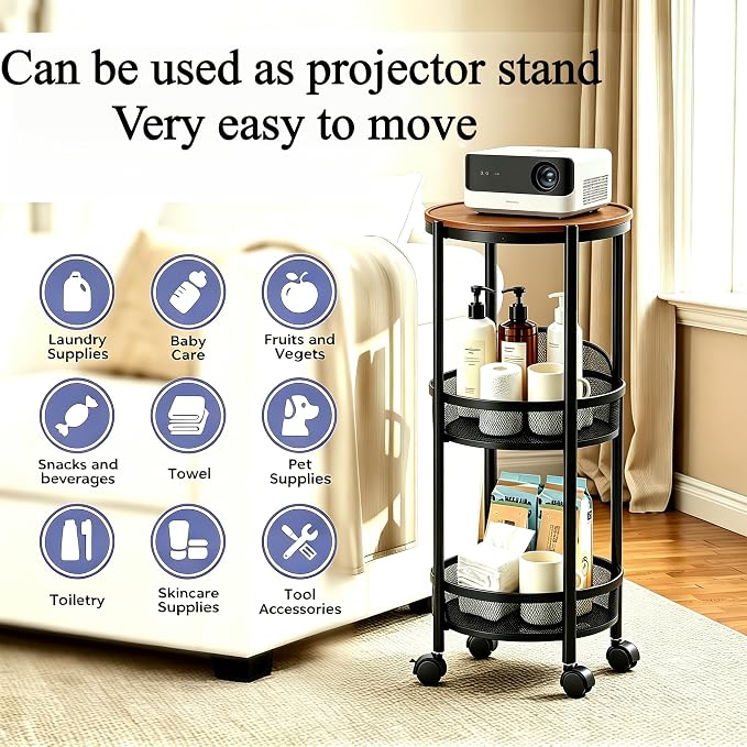 3-Tier Foldable Rolling Cart, Collapsible Metal Utility Cart with Wheels, Assembly-Free, Round Storage Organizer Trolley for Kitchen, Bathroom, Dorm, Nursery-Black - Image 2