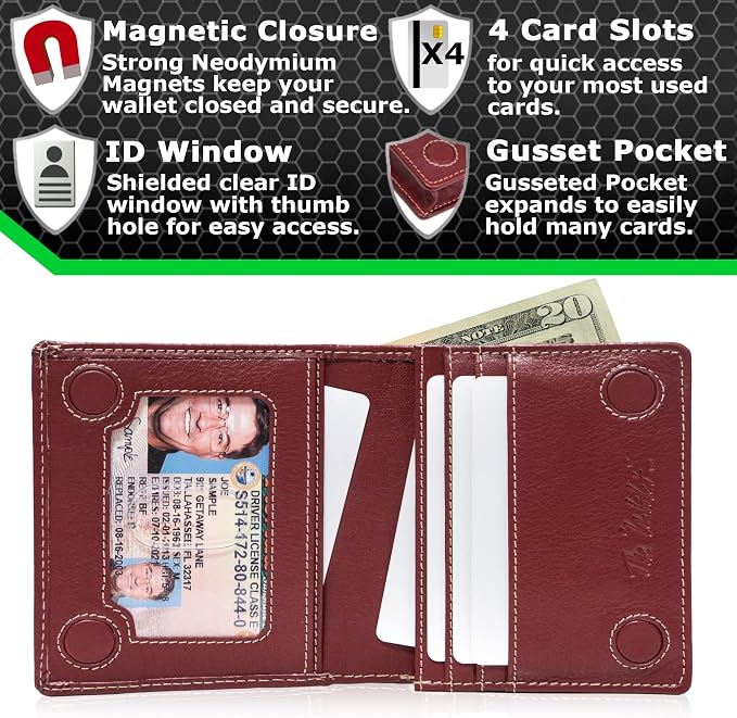 ID Stronghold Waltlet - RFID Blocking Bifold Wallet for Men with Magnetic Clasp - Red - Image 3