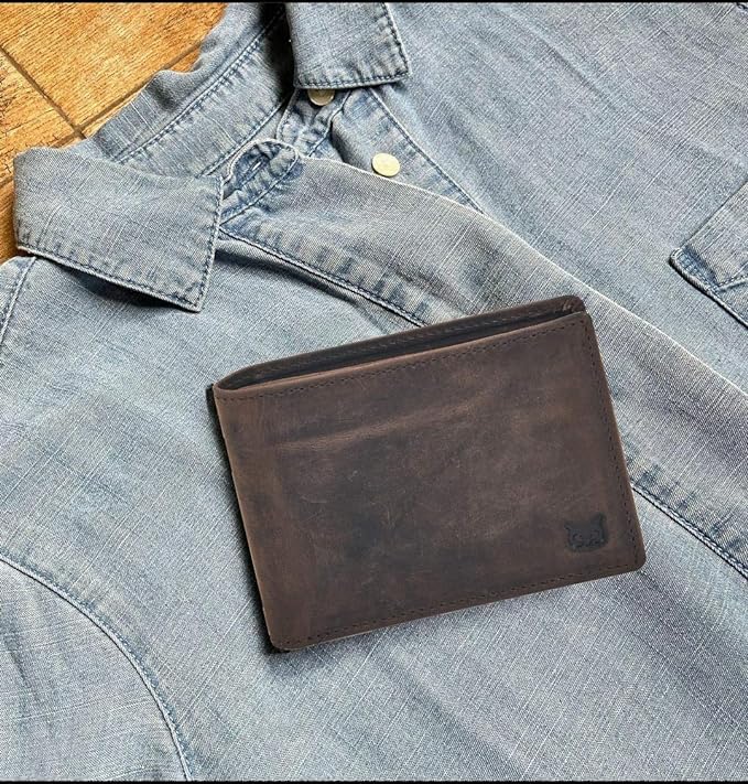 Real Leather Mens Bifold Wallet RFID Blocking Slim Minimalist Front Pocket - Thin & Stylish with ID Window in Gift Box (Crazy Horse, Coffee) - Image 5