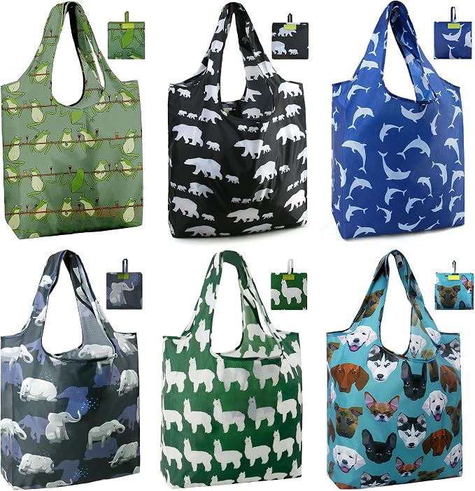 BeeGreen Animal Reusable Shopping Bags Cute Grocery Bag 6 Pack, Christmas Gift Bags Heavy-Duty Foldable Shopping Totes for Supermarket, Work & Travel, Large Washable Polyester Tote Bag with Handles by BeeGreen