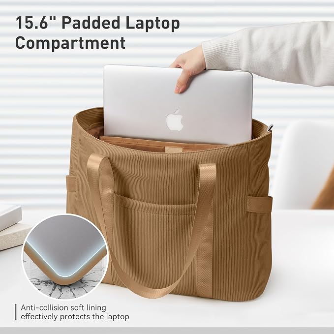 Tote Bag for Women, Casual Hobo Handbags with Compartments | Water Repellent Corduroy Large Capacity Fits 15.6" Laptop Zipper Closure for Travel Work School - Image 7