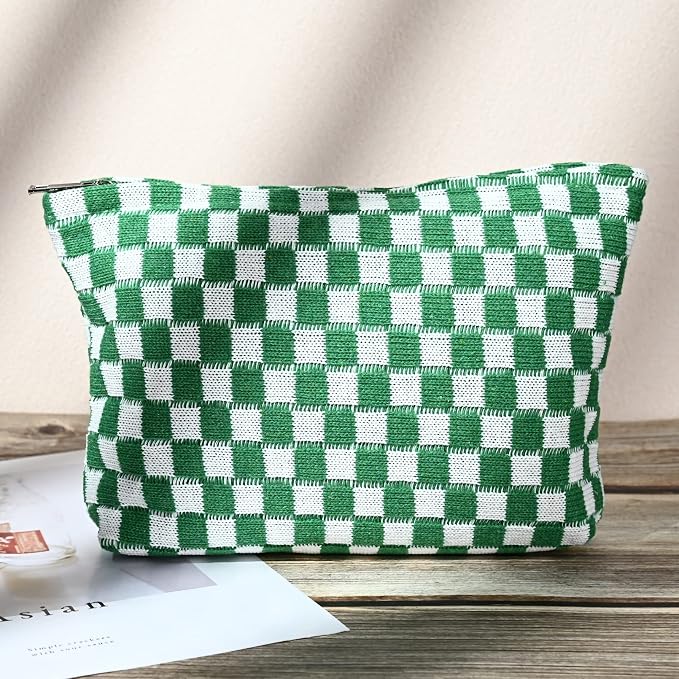 SOIDRAM 2 Pieces Makeup Bag Large Checkered Cosmetic Bag Capacity Canvas Mix Travel Toiletry Bag Organizer Cute Makeup Brushes Aesthetic Accessories Storage Bag for Women, Checkered Mix Green - Image 6