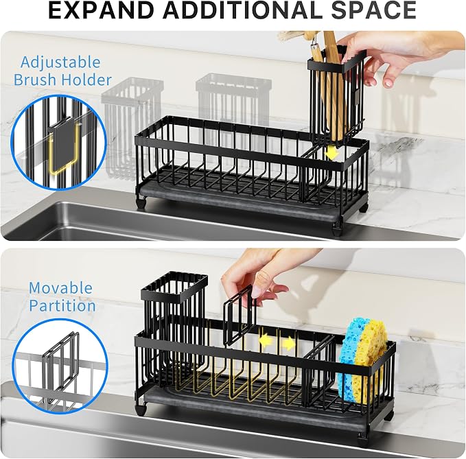 Cisily Sponge Holder for Kitchen Sink, Sink Caddy Organizer with High Brush Holder, Kitchen Countertop Organizers and Storage Essentials (Black Shelf with Stone Tray, Small) - Image 5