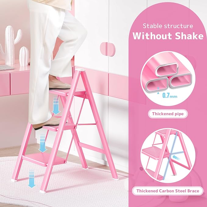3 Step Ladder, Foldable Step Stool with Widened Pedal, Pink | Sturdy Carbon Steel, Anti-Slip Feet, Portable, 330LBS Capacity, Space Saving, for Kitchen, Bedroom, Pantry Use - Image 4