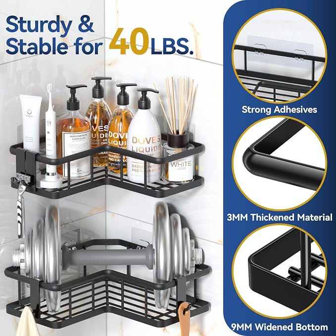 Corner Shower Caddy Adhesive, 100% Rustproof Shower Organizer with Soap and Troothbrush Holder, No Drill Shower Shelf for Inside Shower, Wall-Mounted Shower Storage for Homes (5 Pack, Black) - Image 4