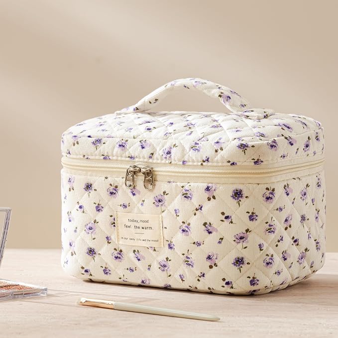HBselect Quilted Makeup Bag, 3Pcs Cotton Large Travel Makeup Bags Organizer | Cute Floral Make up Bag Cosmetic Bag Toiletry Bag for Women Girls, Makeup Pouch for Skincare, Brushes & Travel Essentials - Image 5