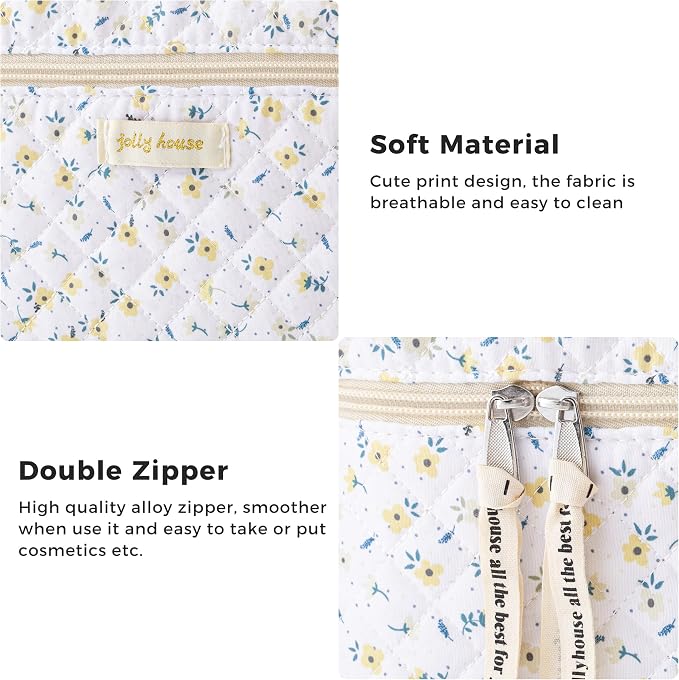 HBselect Quilted Makeup Bag, 3Pcs Cotton Large Travel Makeup Bags Organizer | Cute Floral Make up Bag Cosmetic Bag Toiletry Bag for Women Girls, Makeup Pouch for Skincare, Brushes & Travel Essentials - Image 5