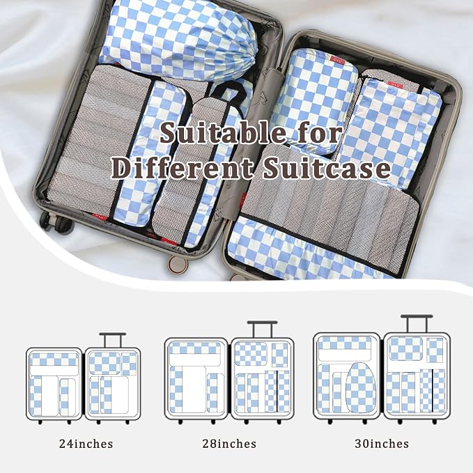 U+U 10 Set Compression Packing Cubes, Travel Organizers (Blue Checkered) | Space-Saving & Complete Travel Set - Image 7
