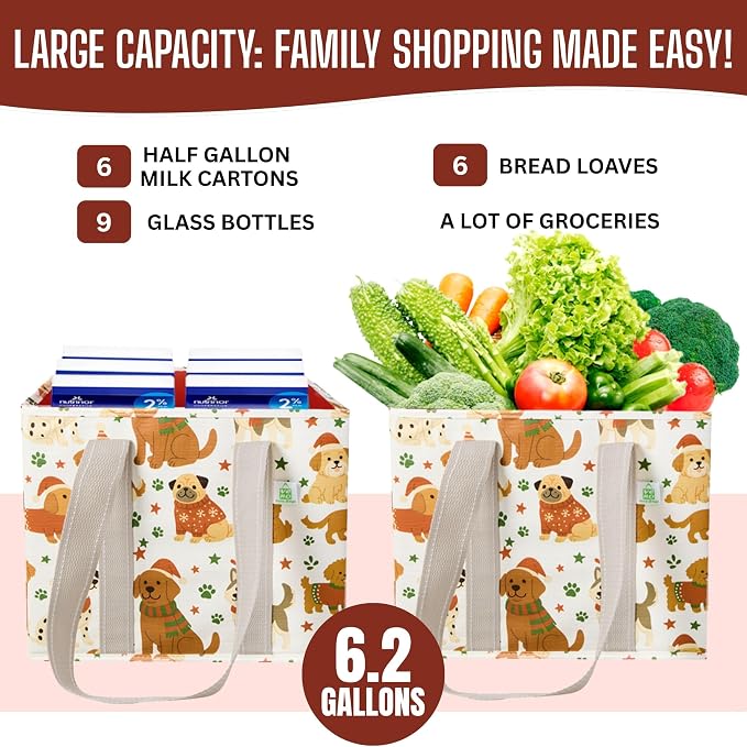 VENO 3 Pack Heavy Duty Reusable Grocery Shopping Bags Utility Tote | Water Resistant, Storage Box with Sturdy Handles & Hard Bottom, Foldable for Groceries Shopping Cart(Holiday Pups, 6 Gallon) - Image 4