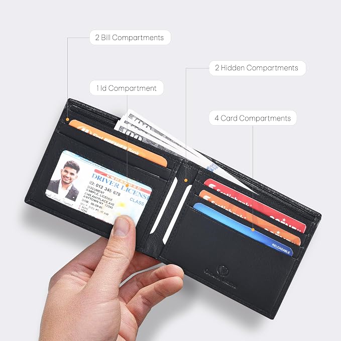 VALENCHI Genuine/Real Leather Bifold Wallet For Men - RFID Blocking/Protected Men's Slim Wallet - Christmas Gifts For Men (Black Nappa BF01) - Image 2