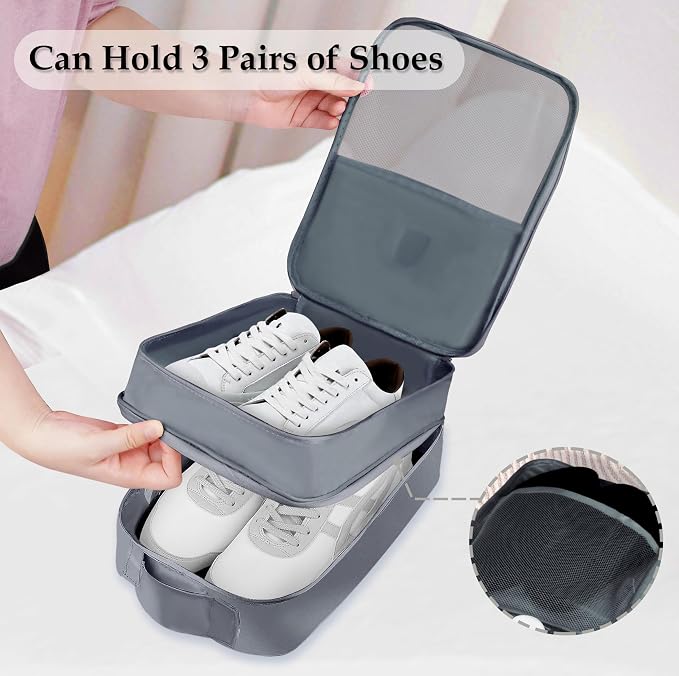 Travel Shoe Bag Waterproof Shoe Organizer Bag Holds 3 Pair of Shoes Shoe Packing Cube for Suitcase Travel and Daily Use Storage Pouch with Handle (Grey) - Image 3