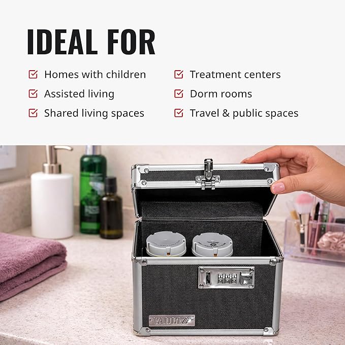 Vaultz Locking Medicine Box with Combination Lock - Secure Metal Lock Box Safe for Medication, Pills & Valuables, Small Lockbox with Code, Portable Storage Case, Black | Durable metal lock box holds up to 8 prescription bottles, 3-digit combination cod... - Image 4