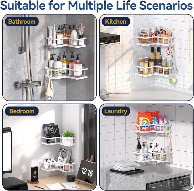 Corner Shower Caddy Adhesive, 100% Rustproof Shower Organizer, No Drill Shower Shelf for Inside Shower, Wall-Mounted Shower Storage for Homes (2 Pack, White) - Image 9