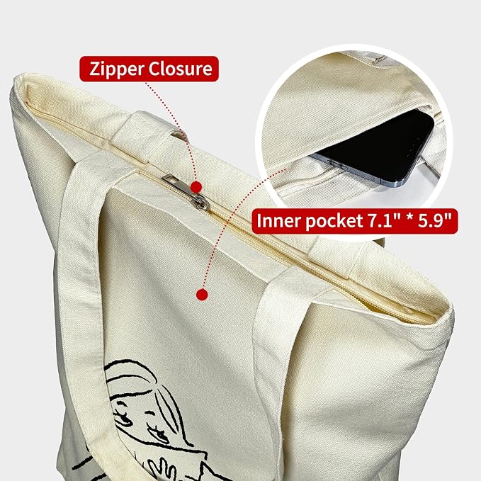 itgowisa Canvas Tote Bag for Women, Tote Bag with Zipper Inner Pocket, Zippered Canvas Bag for Shopping Work Grocery Everyday - Image 5
