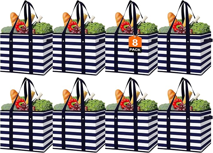 Reusable Grocery Bags 8 Pack, Foldable & Water Resistant Shopping Bags | Large Grocery Tote Bag Water Resistant Shopping Bags Foldable Grocery Bag for Clothes,Shoes and Picnic by WiseLife
