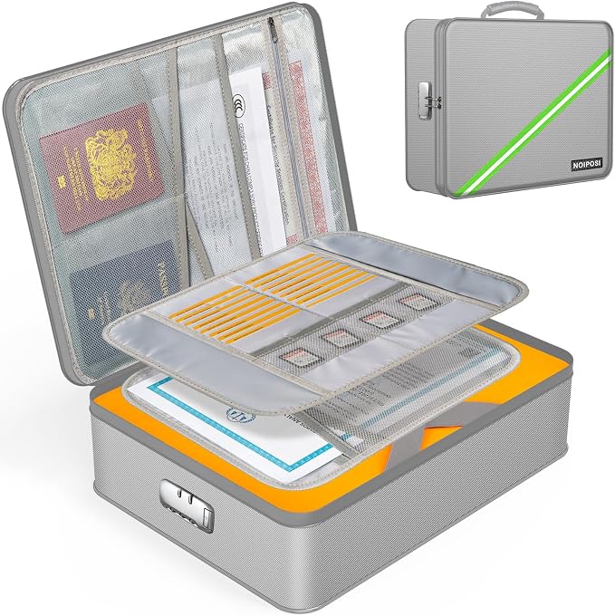 5200℉ Fireproof Document Box with Lock 8 Layers Water Resistant | Home ,Travel ,Strong, Fireproof Safe Storage Document Storage Organizer for Important Documents and File,Silver by Noiposi