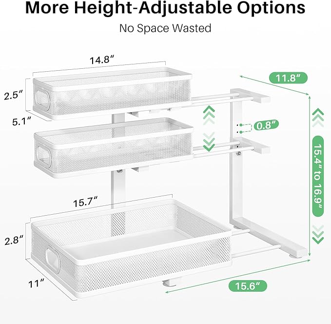 Kitstorack Under Sink Organizer, 2-Pack 3-Tier Height Adjustable Thickened Metal Pull out Cabinet Organizer Shelf, Slide out Storage Drawer Rack for Bathroom Kitchen Pantry Home Laundry Organization - Image 3