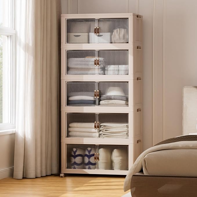 SAILUN 635Qt Stackable Storage Bins,Storage Cabinet a Lid,5Pack Blush White | Stackable Storage Drawers with Lids,28" W x 17" D x 75" H,Featuring open-front Access for Clothes and Closet Storage by SAILUN
