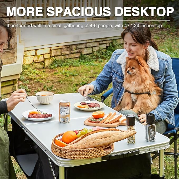 EVER ADVANCED Folding Camping Table with Storage, 4 ft * 2 ft Aluminum Composite Desktop & Adjustable Legs, Outdoor Kitchen Table for Tailgating, Backyard, BBQ and Picnic - Image 5