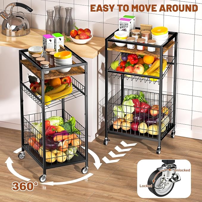 Fruit Vegetable Cart, 3-Tier Snack Cart on Wheels & Wood Top, Brown | Vegetable Rack For Kitchen, Kitchen Cart Organizer for Fruit, Vegetables, Potato, Snack - Image 3
