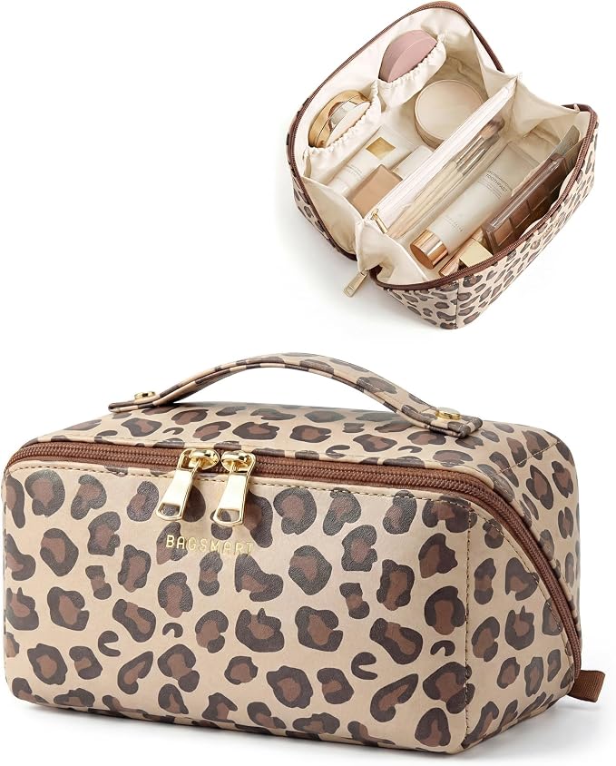 BAGSMART Makeup Bag Travel Cosmetic Bag,Women Toiletry Case, Brown Leopard | Make Up Bag Flat Open Toiletry Bag for Women, PU Leather Travel Essentials Wide-open Skincare,Brushes Organizer Case Large by BAGSMART