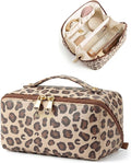 BAGSMART Makeup Bag Travel Cosmetic Bag,Women Toiletry Case, Brown Leopard | Make Up Bag Flat Open Toiletry Bag for Women, PU Leather Travel Essentials Wide-open Skincare,Brushes Organizer Case Large by BAGSMART