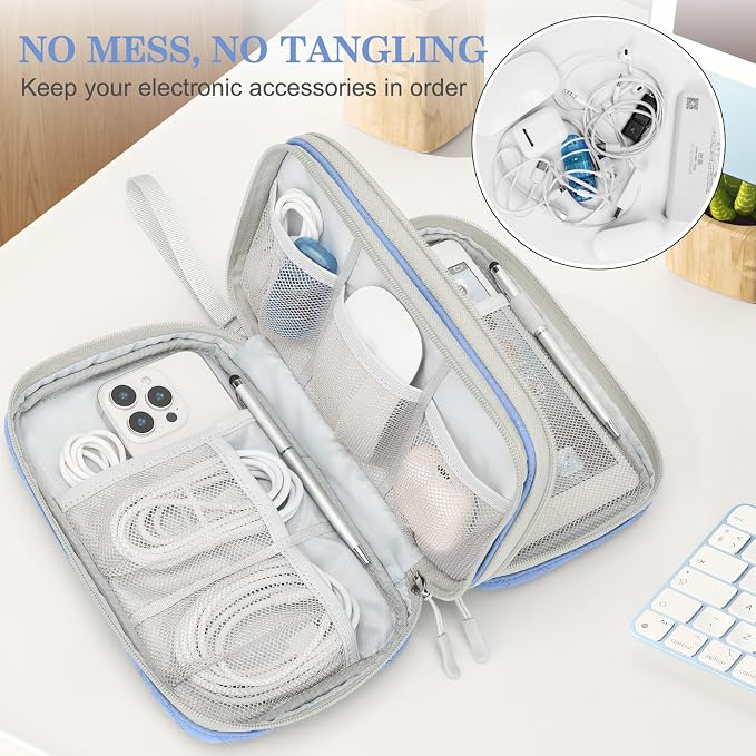FYY Electronic Organizer, Travel Tech Pouch Bag, Large, Blue Quilted | Wrist Strap, Waterproof, Double Layers Portable Electronics Travel Carrying Case for Cord, Charger, Daily Business Trips Use - Image 5