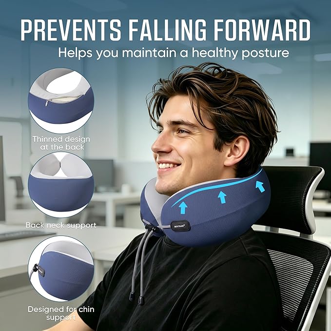 SKYTRAX COMF® Premium Ergonomic Memory Foam Travel Neck Pillow, Washable Cooling Ice Silk Cover, Firm Neck Support for Airplane Long Flights & Pain Relief, with Portable Carry Case (Navy Blue) - Image 3