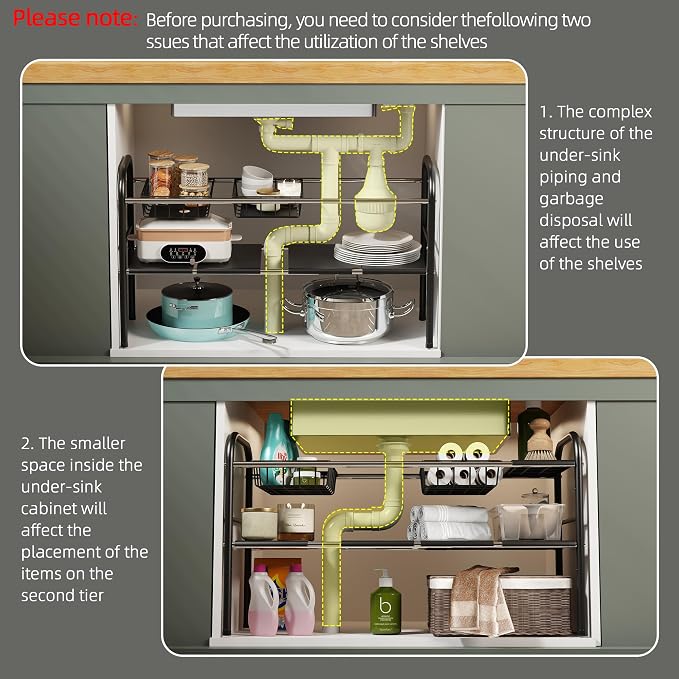 Under Sink Organizers and Storage,Expandable under cabinet organizer Shelf | 2 tier expandable shelf for kitchen,bathroom,6 Removable ABS Panels and 2 Baskets,Adjustable partition height,20.7-32.3" W - Image 4