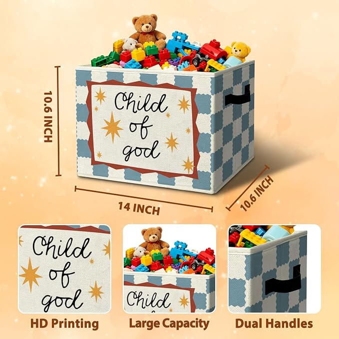 Christian Religious Cheerful Storage Bins Box with Handles Organizer Basket | farmhouse faith foldable basket for organizing, stars gingham collapsible toys clothes for playroom nursery bedroom, 10x14 in - Image 3
