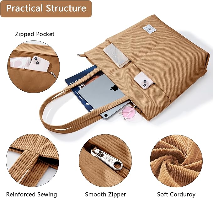 KALIDI Women Corduroy Tote Bag Zipper Casual Tote's Handbag Big Capacity Shoulder Bag with Pockets - Image 4