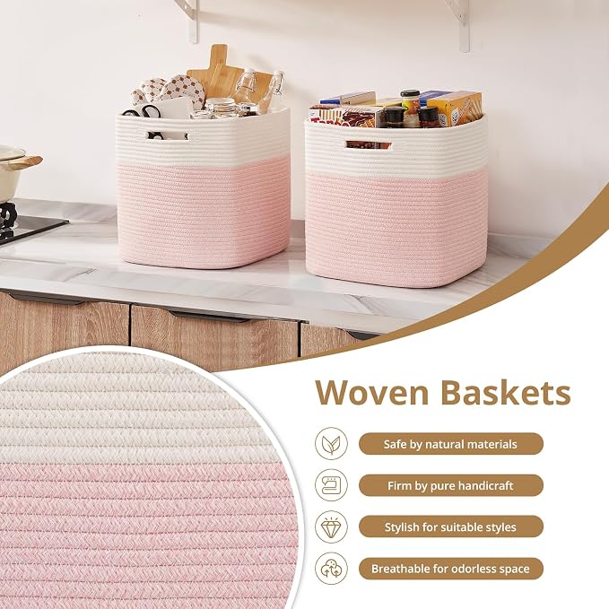 OIAHOMY 13 Inch Cube Storage Bins, 3-Pack Cotton Rope Woven Baskets for Organizing, Insert Storage Baskets for Shelves, Baby Nursery, Closet Organizer, 13 * 13 * 12.6IN, Pink & White - Image 5