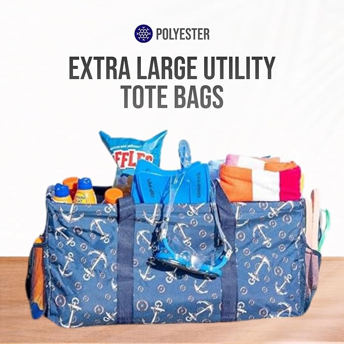 Extra Large Utility Tote Bag - Oversized Collapsible Reusable Wire Frame Rectangular Canvas Basket With Two Exterior Pockets For Beach, Pool, Laundry, Car Trunk, Storage - Anchor - Image 7