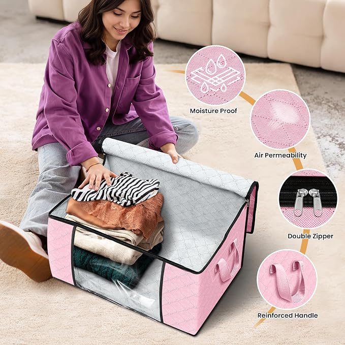 10 Pack Storage Bags for Clothes Blanket Storage Bins with Lids | Foldable Closet Organizers with Zippers,Window and Handles,Fabric Storage Bins for Sweater,Comforter,Bedding,Dorm essentials - Image 4