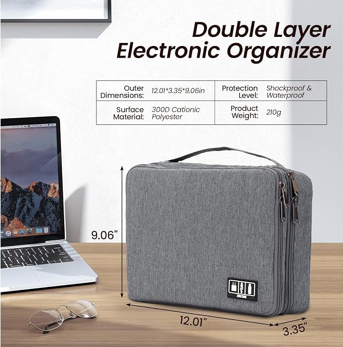 Electronic Organizer Travel Case, Double Layer Cable Organizer Bag | Double-layer design with adjustable dividers, mesh pockets and elastic loops for chargers, cables, power banks and gadgets - Image 2