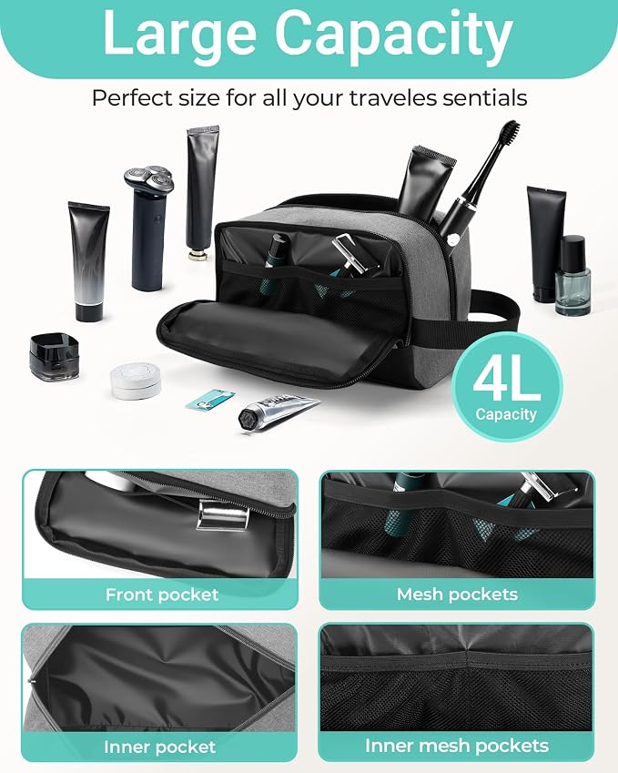 Elviros Travel Toiletry Bag for Men Hanging Dopp Kit Shaving Bag Toiletries Organizer Small Toiletry Bag for Traveling (Grey&Black,Large) - Image 4