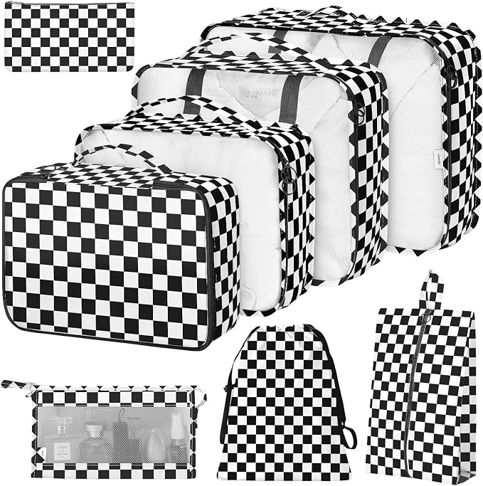 8 Set Packing Cubes for Suitcases,Packing Cube with Shoe, Cosmetics, Clothing, and Accessories Bags Packing Cubes for Travel Luggage Organizer Women Men(Black White Checkered) by Hatisan